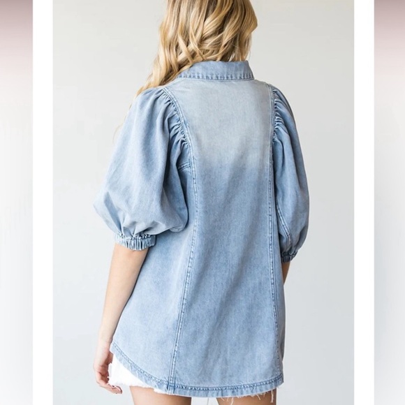 First Love denim puff sleeve button up top - Picture 2 of 10